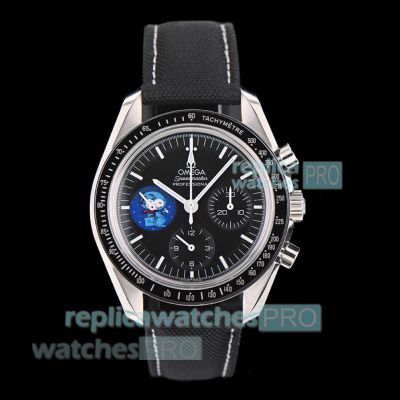 N1 Factory Swiss Replica Omega Speedmaster Snoopy Black Dial Leather Strap Watch 